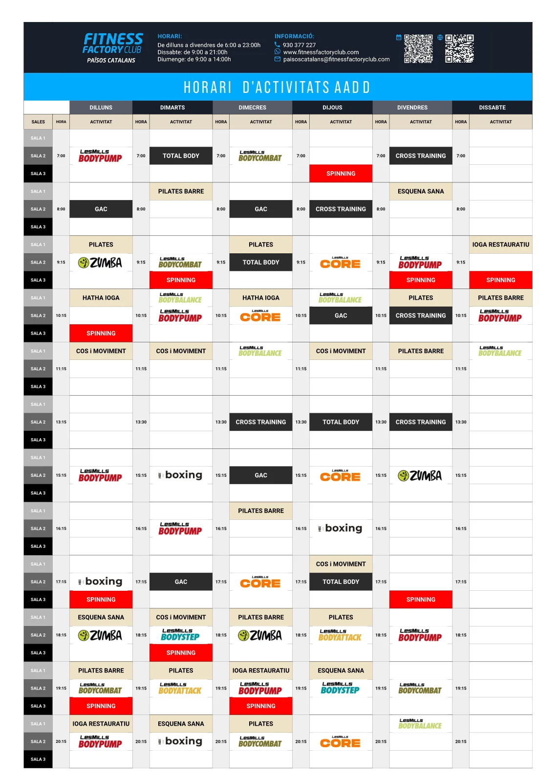 Horari d'activitats dirigides Fitness Factory club Mataró Països Catalans