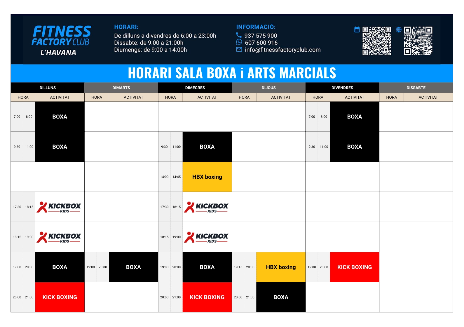 Horari Boxa i Arts marcials Fitness Factory Club Mataró l'Havana