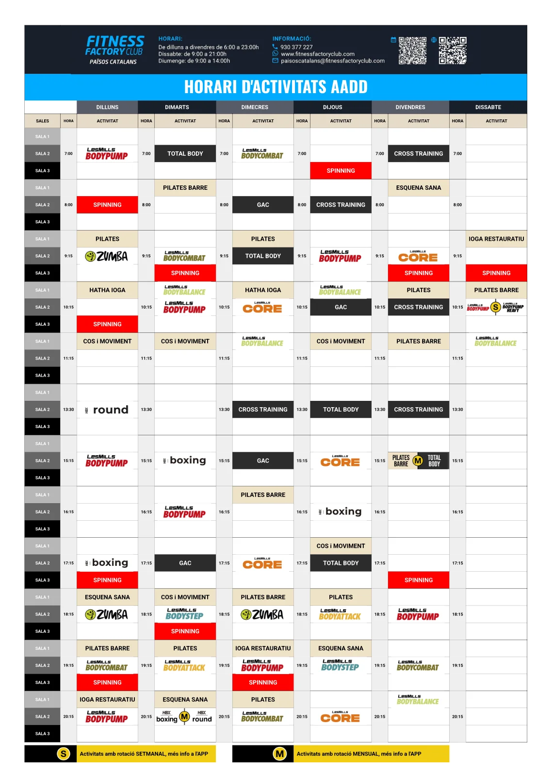 Horari Activitat Dirigides Fitness Factory Club Mataró Països Catalans