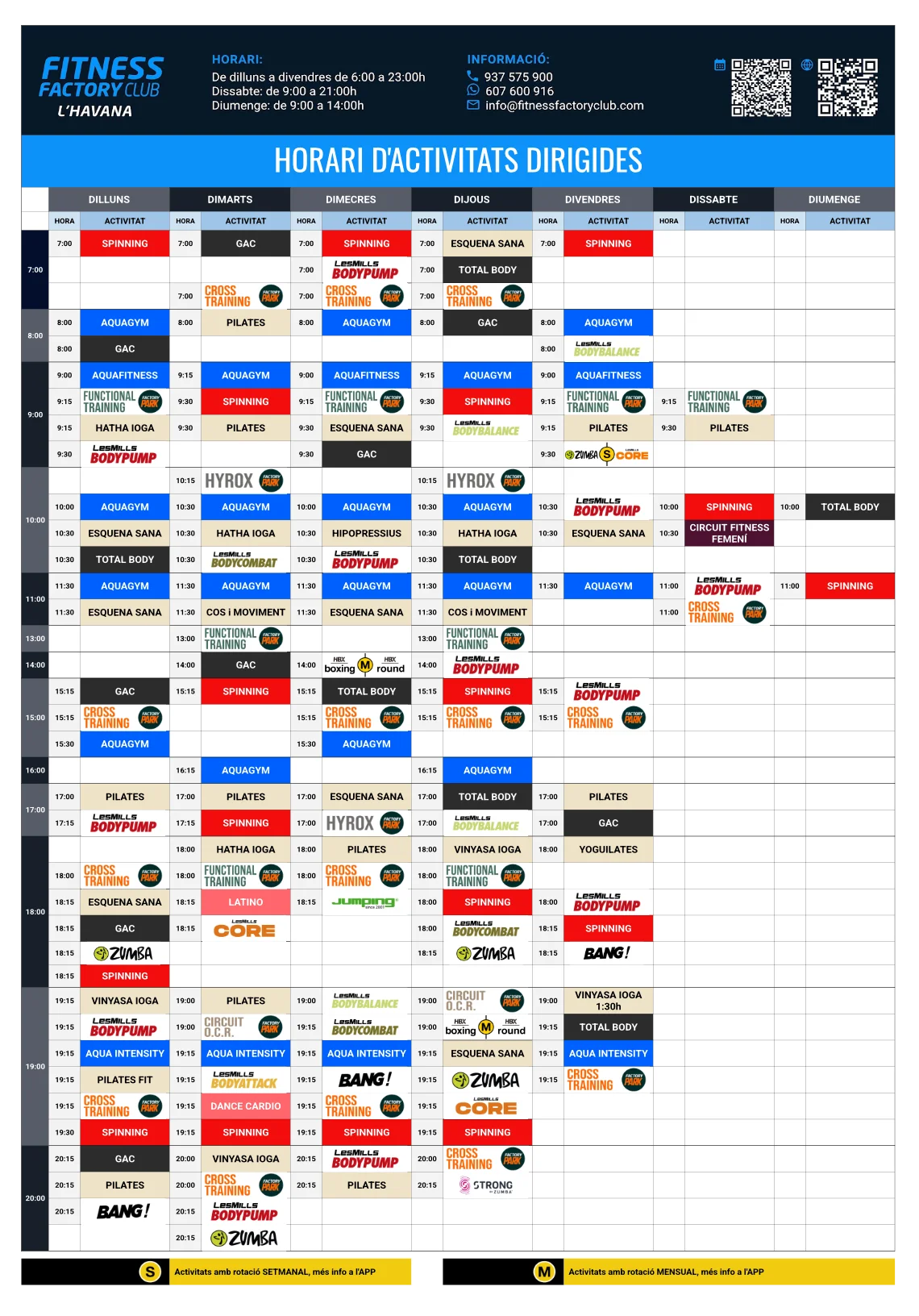 Horari Activitat Dirigides Fitness Factory Club Mataró l'Havana